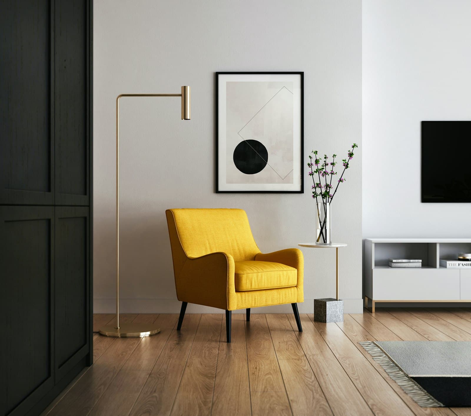 Wall-mounted smart TV in a modern living room